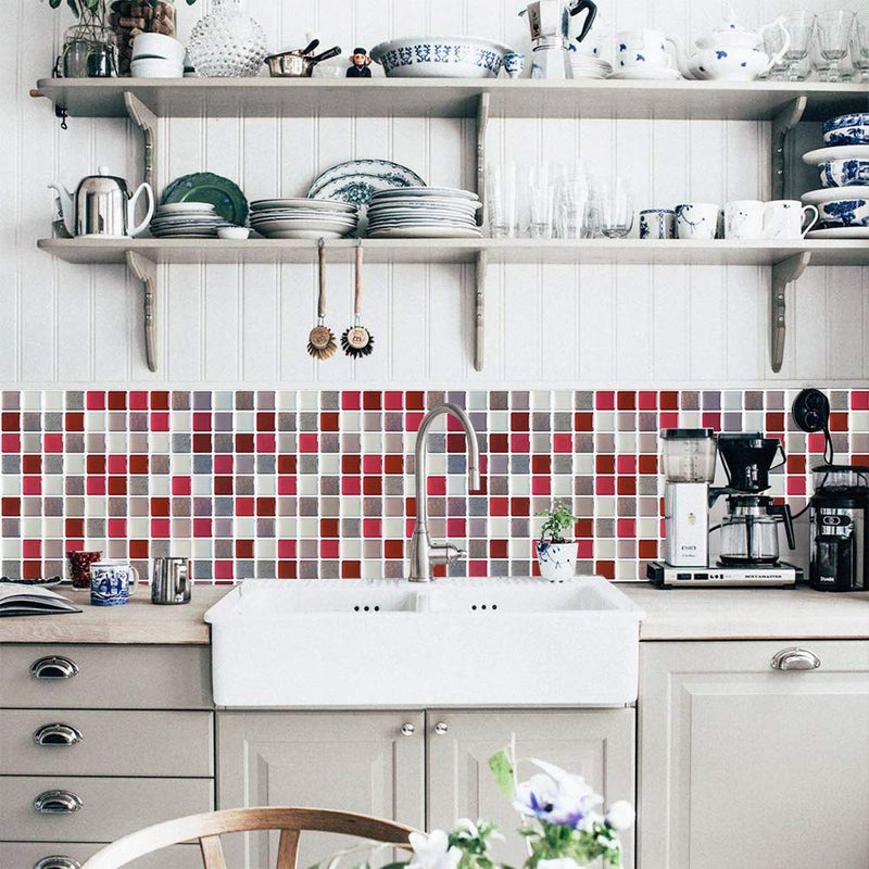 Yoillione 3D Mosaic Tile Sticker Removable Wallpaper Tile Red, 3D Self Adhesive Wall Tiles Bathroom Wall Tiles for Kitchen Backsplash Red, PVC Square Decorative Vinyl Decals, 4 Sheets - Image 4